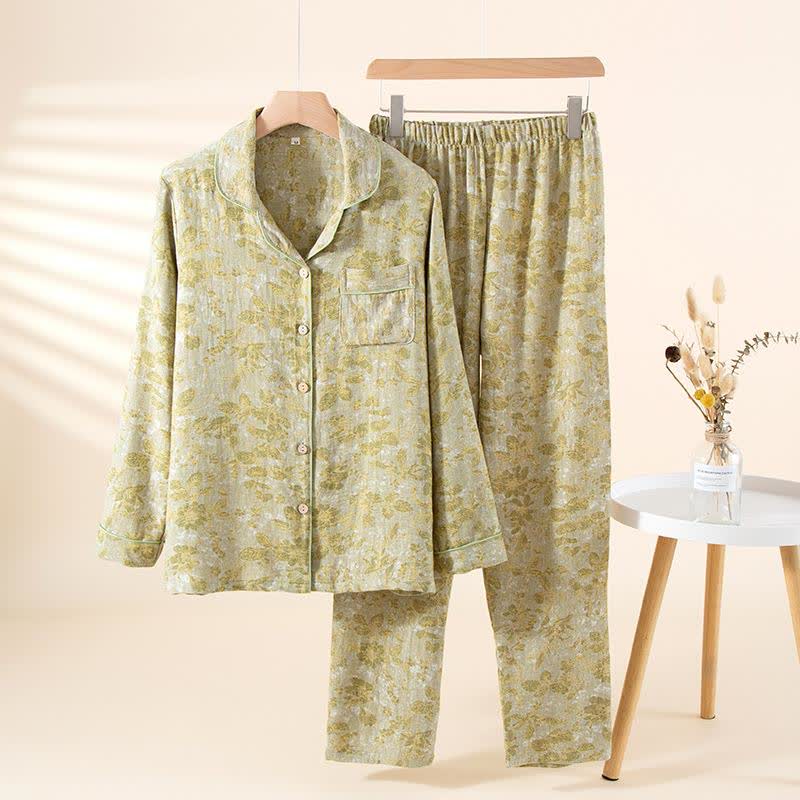 Pastoral Leaf Cotton Gauze Loungewear Set - Green - XL - image 3