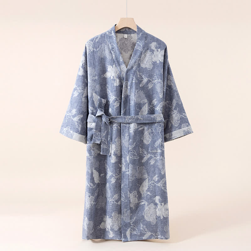 Floral Cotton Linen Kimono Robe - Dark Blue - One Size - image 2
