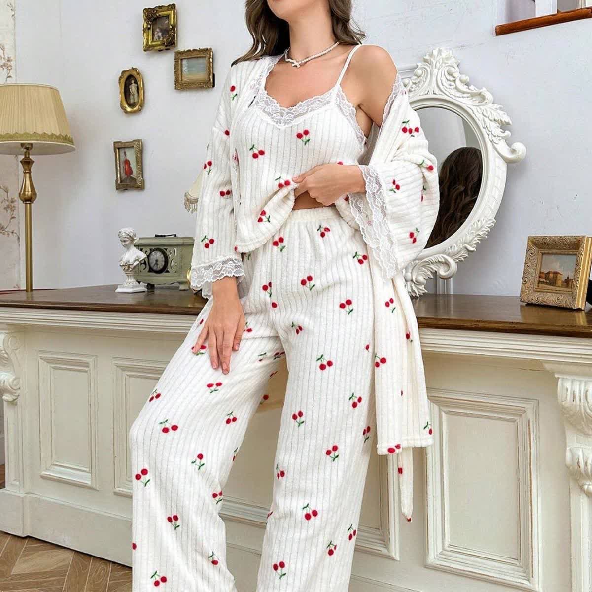 Cherry Print Lace Trim Pajama Set(3PCS) - XL - image 0