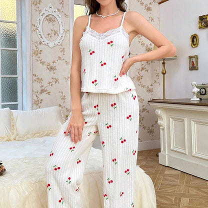 Cherry Print Lace Trim Pajama Set(3PCS) - image 3