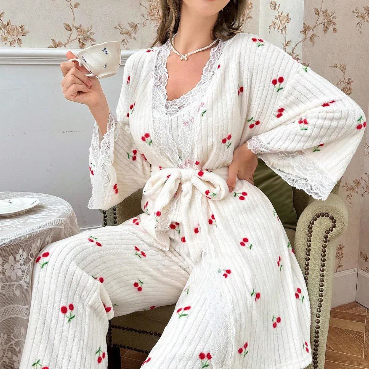 Cherry Print Lace Trim Pajama Set(3PCS) - image 1