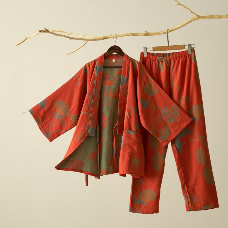 Large Ginkgo Leaf Cotton Kimono Pajamas - Orange - XL - image 7