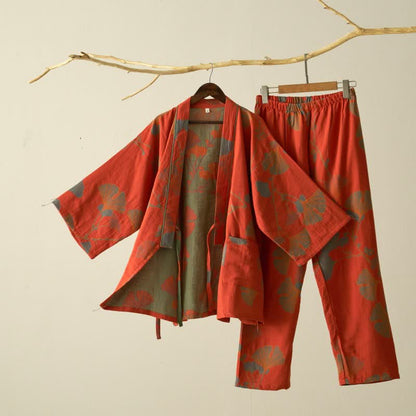 Large Ginkgo Leaf Cotton Kimono Pajamas - Orange - XL - image 7