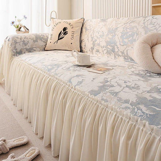 French Ruffle Floral Chenille Sofa Protector - Blue - 71" x 134" - image 0