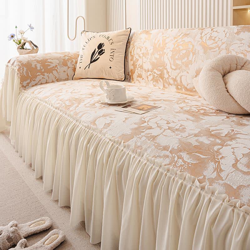 French Ruffle Floral Chenille Sofa Protector - Beige - 71" x 134" - image 4