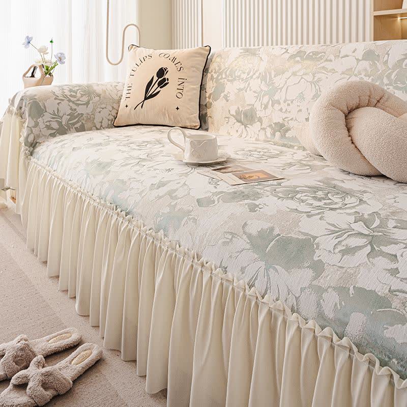 French Ruffle Floral Chenille Sofa Protector - Green - 71" x 134" - image 2