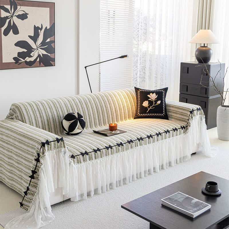 Bow Ruffle Chenille Sofa Protector - Green - 71" x 134" - image 12