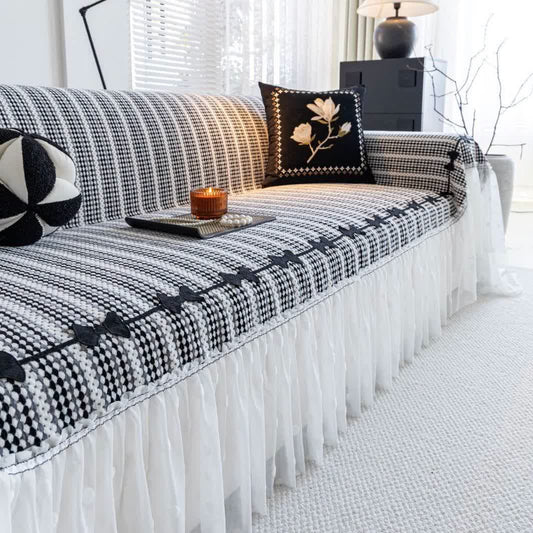 Bow Ruffle Chenille Sofa Protector - Black - 71" x 134" - image 0