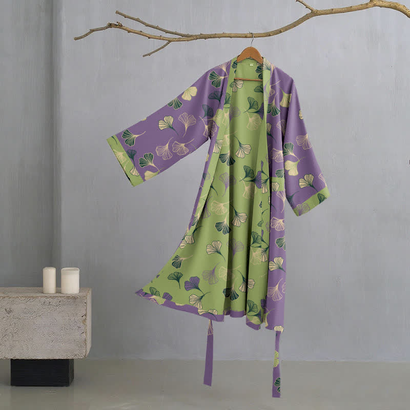 Ginkgo Biloba Cotton Gauze Kimono Robe - Purple & Green - 2XL - image 35