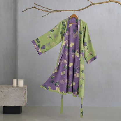 Ginkgo Biloba Cotton Gauze Kimono Robe - Green & Purple - 2XL - image 37