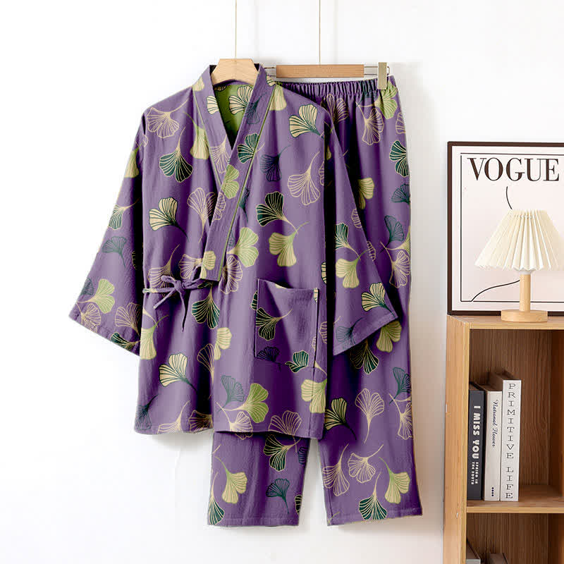 Ginkgo Cotton Gauze Kimono Loungewear Set - Purple - XL - image 39
