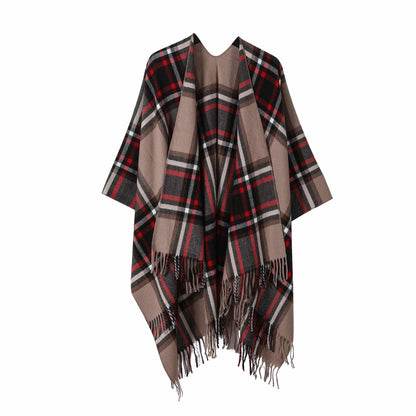 Classic Plaid Tassel Shawl Cape - Khaki - 53"W x 63"L - image 4