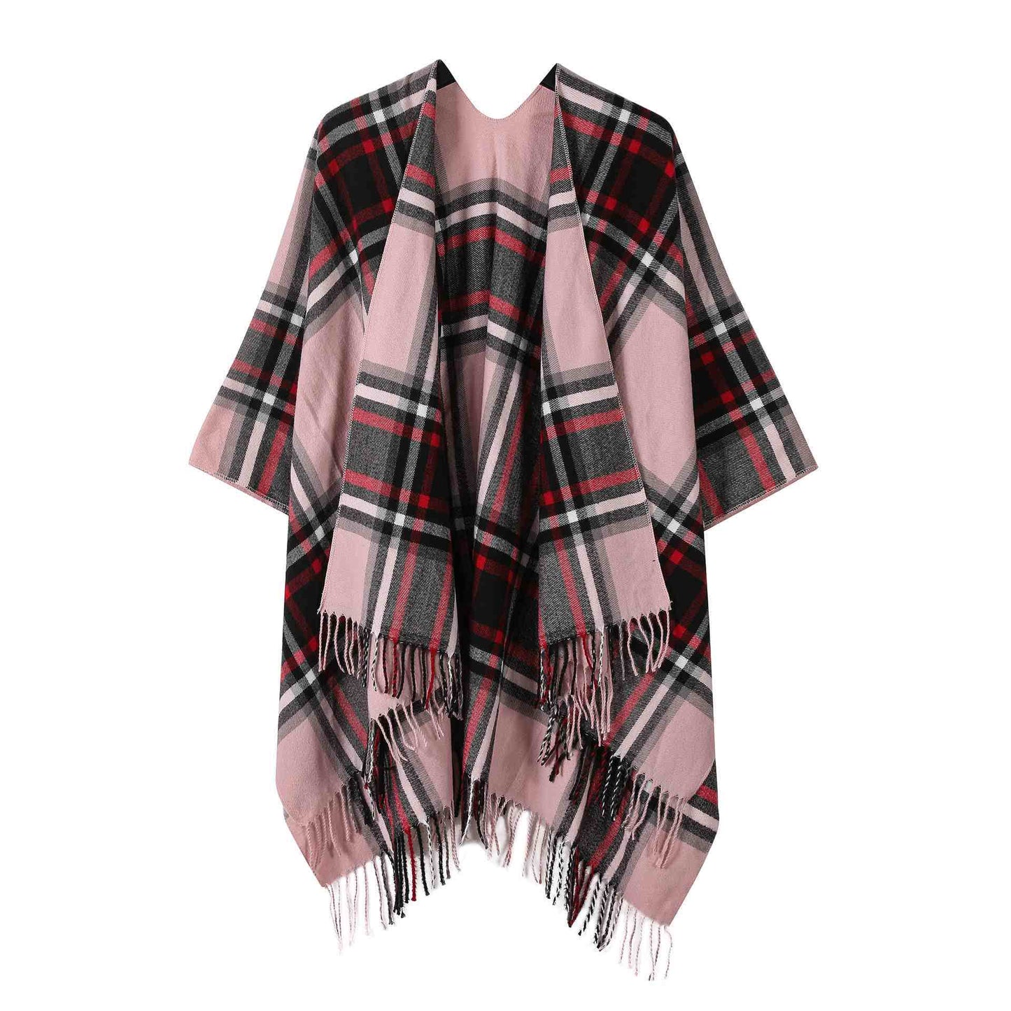 Classic Plaid Tassel Shawl Cape - Pink - 53"W x 63"L - image 5