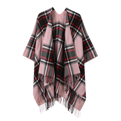 Classic Plaid Tassel Shawl Cape - Pink - 53"W x 63"L - image 5