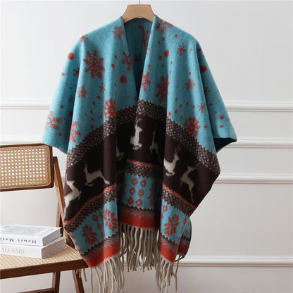 Elk Snowflake Tassel Shawl Cape - Blue - 43" x 67" - image 5