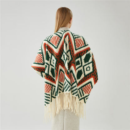 Ethnic Geometric Pattern Tassel Shawl Cape - image 3