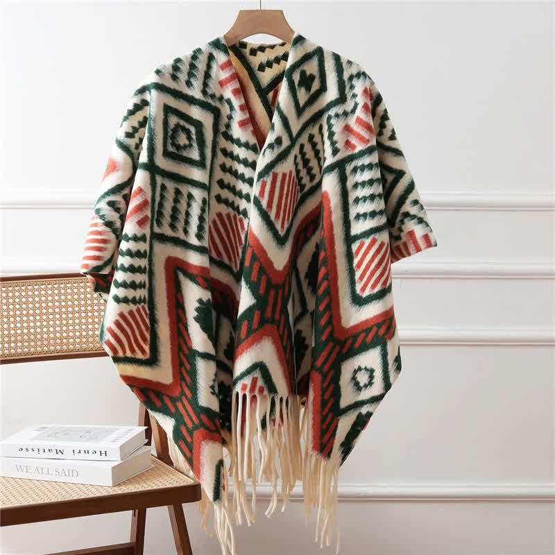 Ethnic Geometric Pattern Tassel Shawl Cape - Green - 43" x 67" - image 4