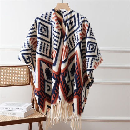 Ethnic Geometric Pattern Tassel Shawl Cape - Blue - 43" x 67" - image 5