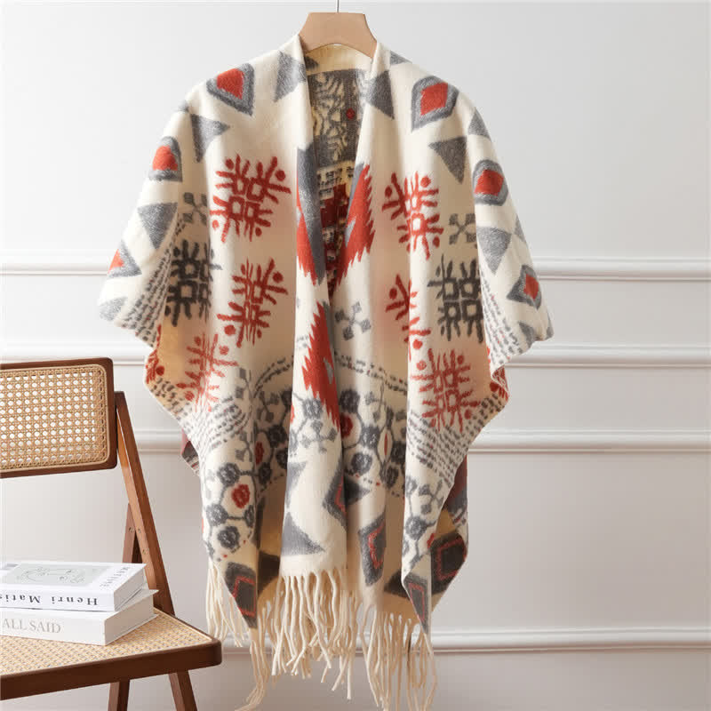 Ethnic Style Tassel Shawl Cape - Grey - 43" x 67" - image 4