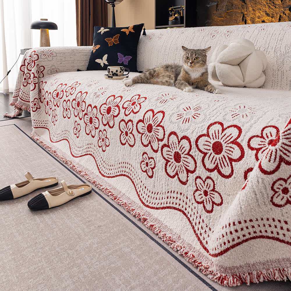 Flower Jacquard Tassel Sofa Throw Blanket - Red - 71" x 134" - image 3