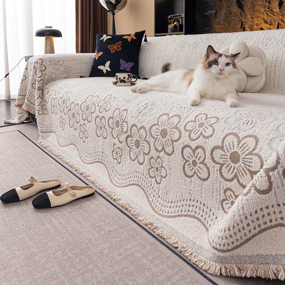 Flower Jacquard Tassel Sofa Throw Blanket - Khaki - 71" x 134" - image 0