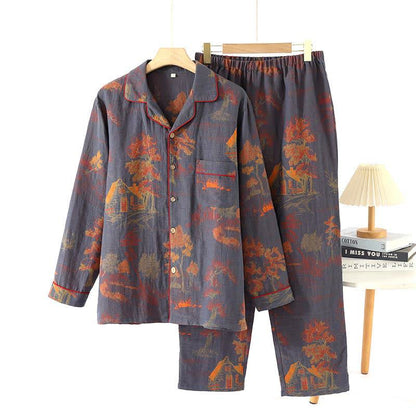 Retro Tree Jacquard Cotton Loungewear Set - Grey Blue - XL - image 3