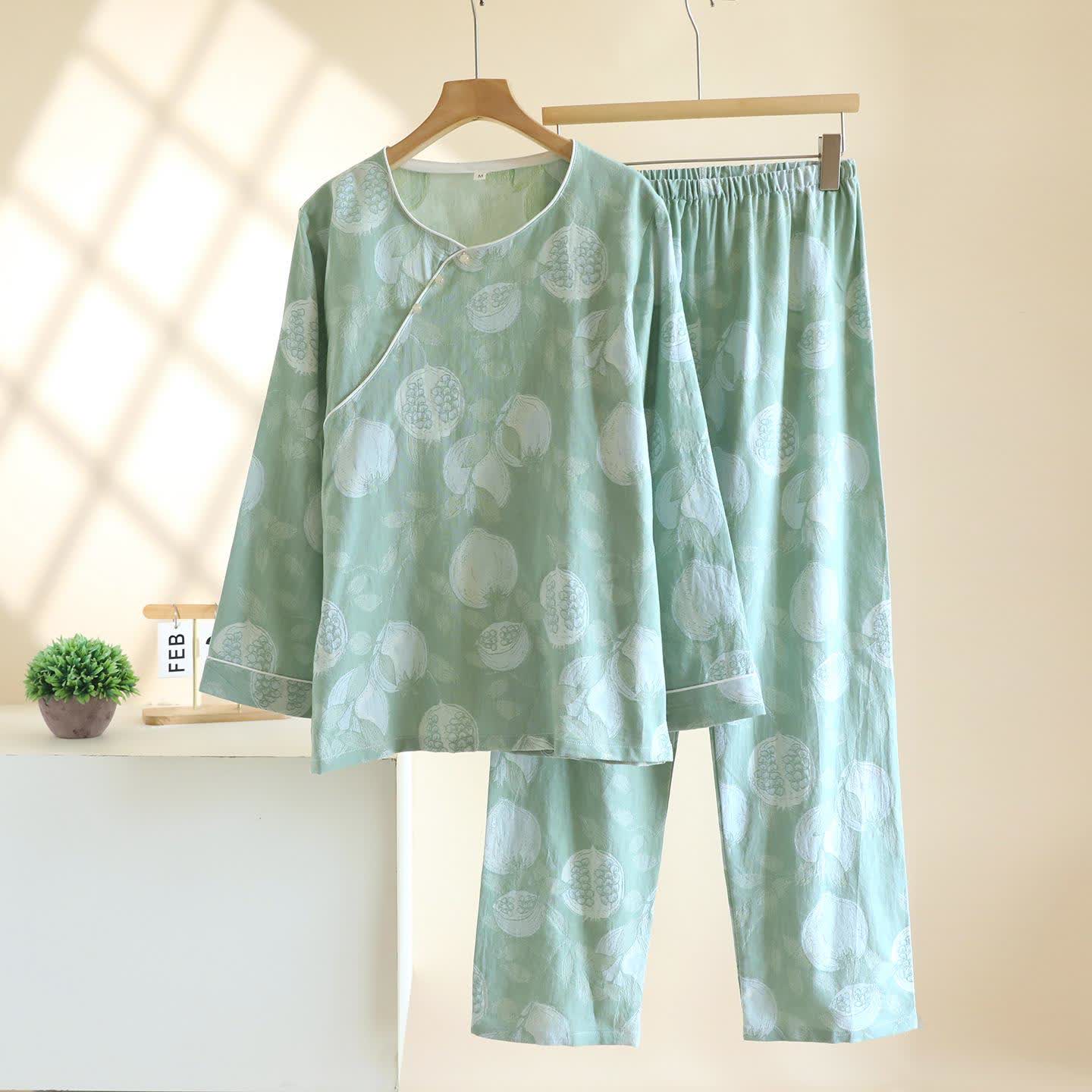 Vintage Pomegranate Cotton Gauze Loungewear Set - Light Green - XL - image 13