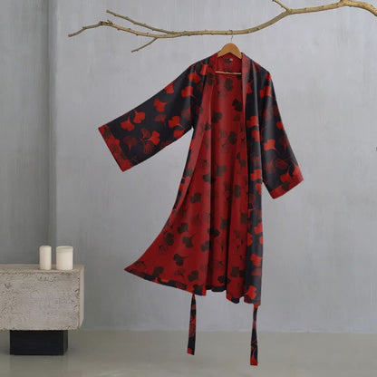 Ginkgo Biloba Cotton Gauze Kimono Robe - Black & Red - 2XL - image 31