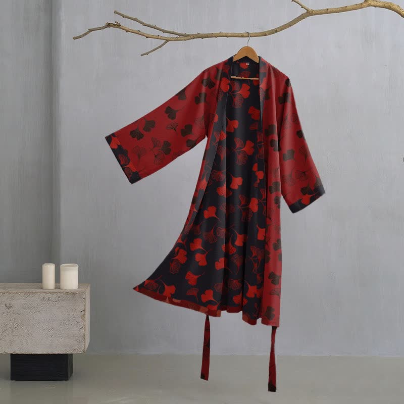 Ginkgo Biloba Cotton Gauze Kimono Robe - Red & Black - 2XL - image 42
