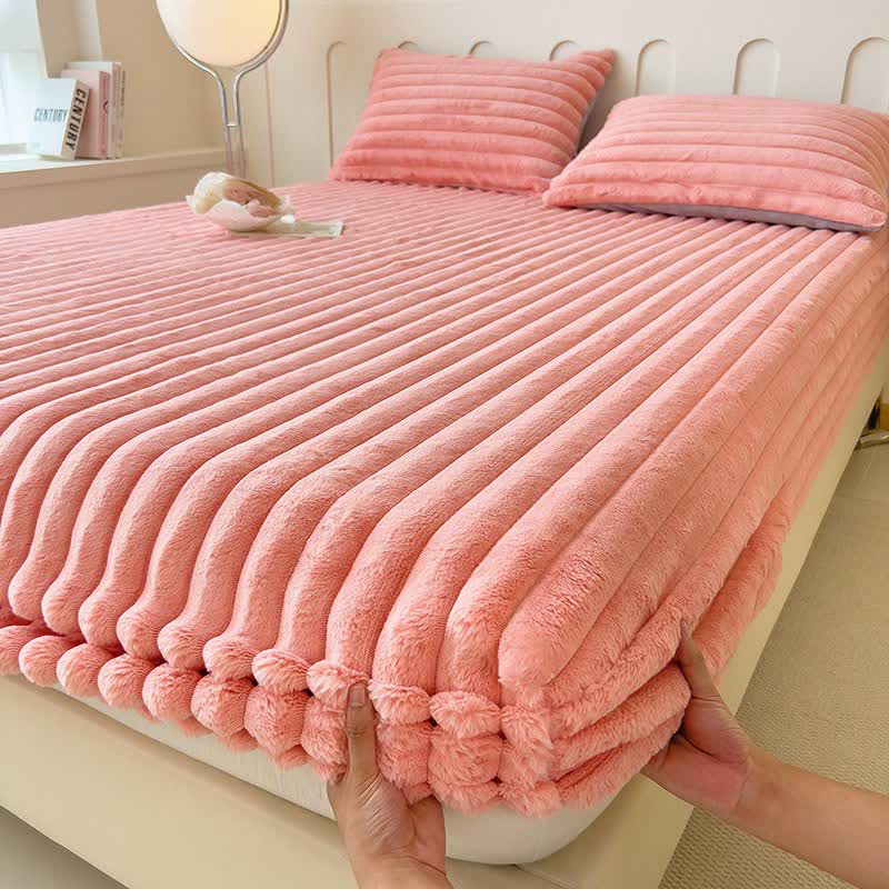 Simple Plush Fleece Warm Fitted Sheet - Pink - Sheet with 2PCS Pillowcases - King - image 0