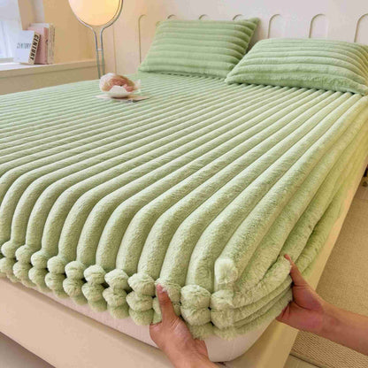Simple Plush Fleece Warm Fitted Sheet - Green - Sheet with 2PCS Pillowcases - King - image 11
