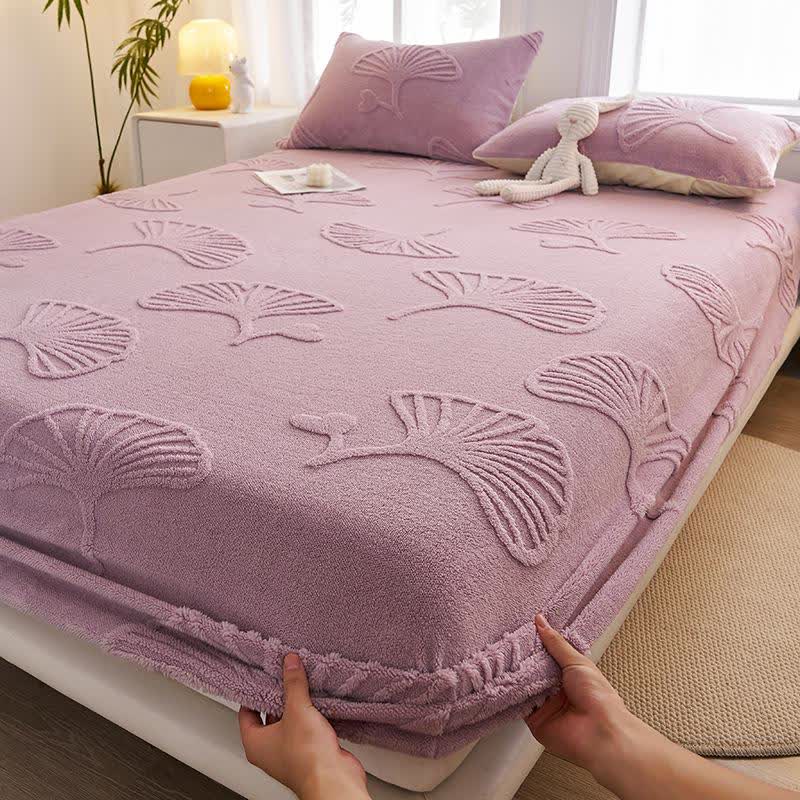 Ginkgo Leaf Fleece Warm Fitted Sheet - Purple - Sheet with 2PCS Pillowcases - King - image 4