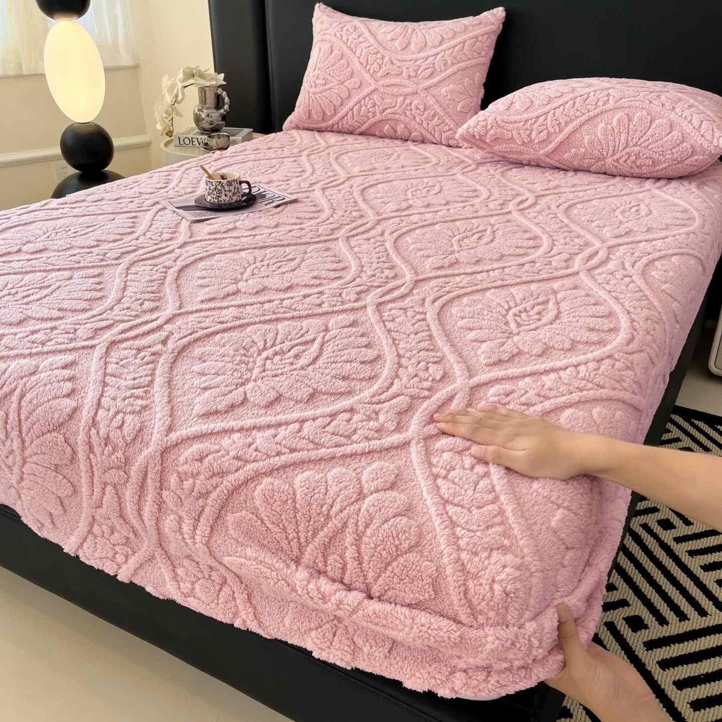 Wave Floral Fleece Warm Fitted Sheet - Pink - Sheet with 2PCS Pillowcases - King - image 0