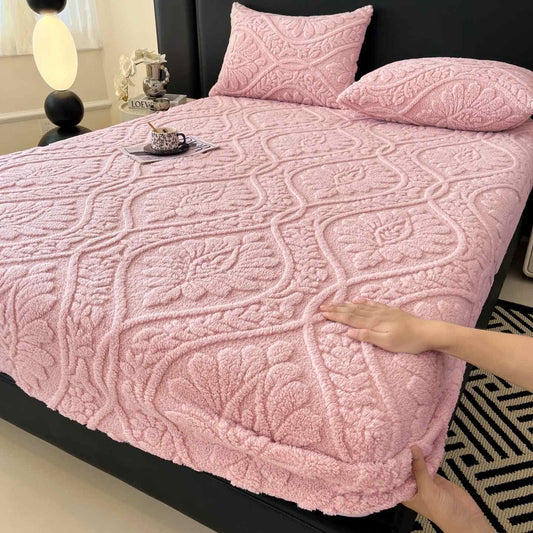 Wave Floral Fleece Warm Fitted Sheet - Pink - Sheet with 2PCS Pillowcases - King - image 0