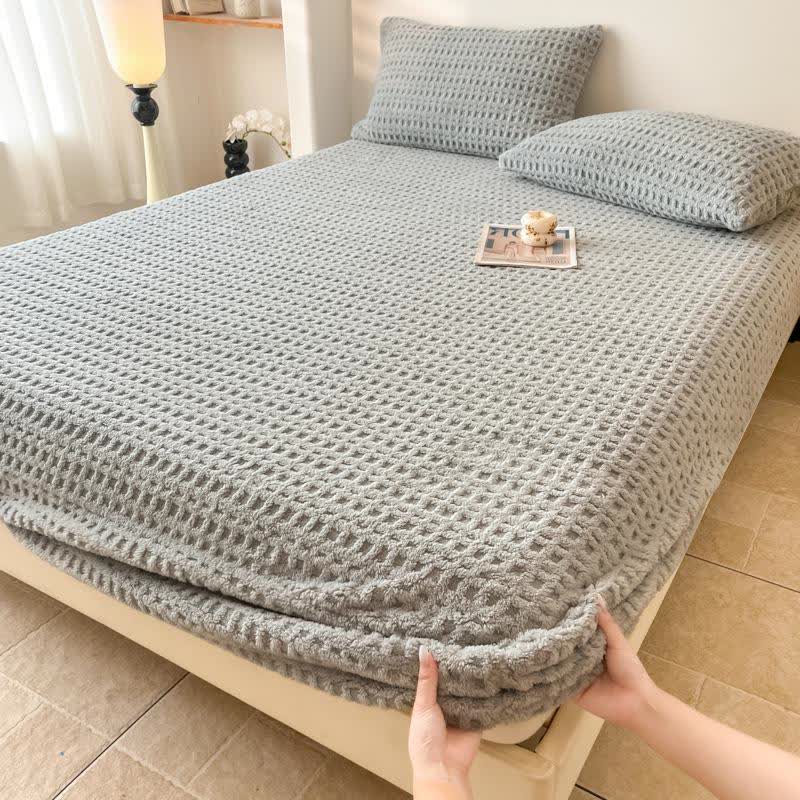 Waffle Textured Fleece Warm Fitted Sheet - Light Gray - Sheet with 2PCS Pillowcases - King - image 10