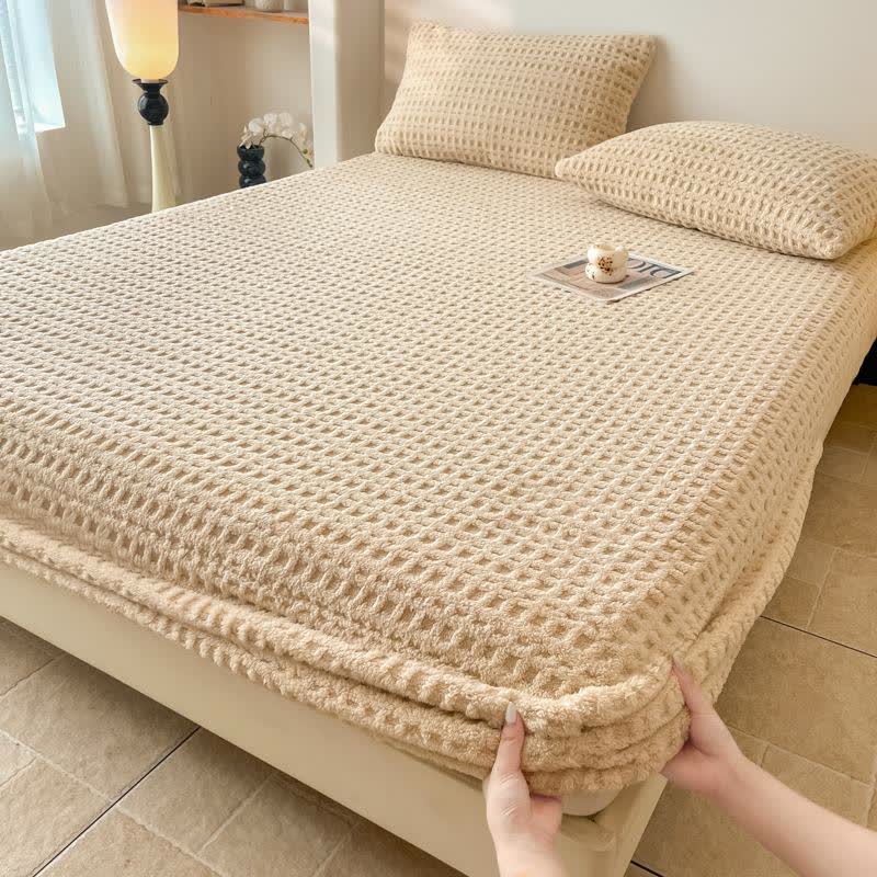 Waffle Textured Fleece Warm Fitted Sheet - Khaki - Sheet with 2PCS Pillowcases - King - image 1