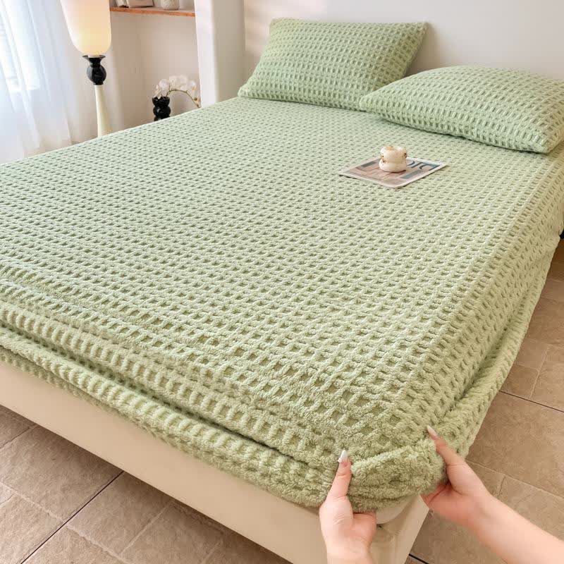 Waffle Textured Fleece Warm Fitted Sheet - Green - Sheet with 2PCS Pillowcases - King - image 11