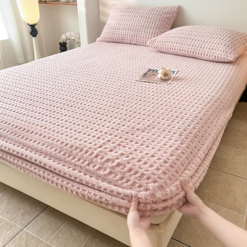 Waffle Textured Fleece Warm Fitted Sheet - Light Pink - Sheet with 2PCS Pillowcases - King - image 0