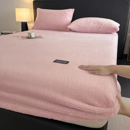 Solid Color Plush Warm Fitted Sheet - Pink - Sheet with 2PCS Pillowcases - King - image 4