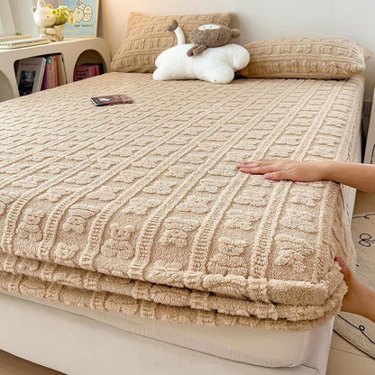 Striped Bear Fleece Warm Fitted Sheet - Khaki - 2PCS Pillowcases - 19" x 29" - image 11