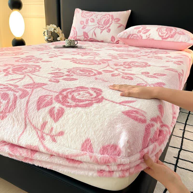 Pink Rose Fleece Warm Fitted Sheet - 2PCS Pillowcases - 19" x 29" - image 0