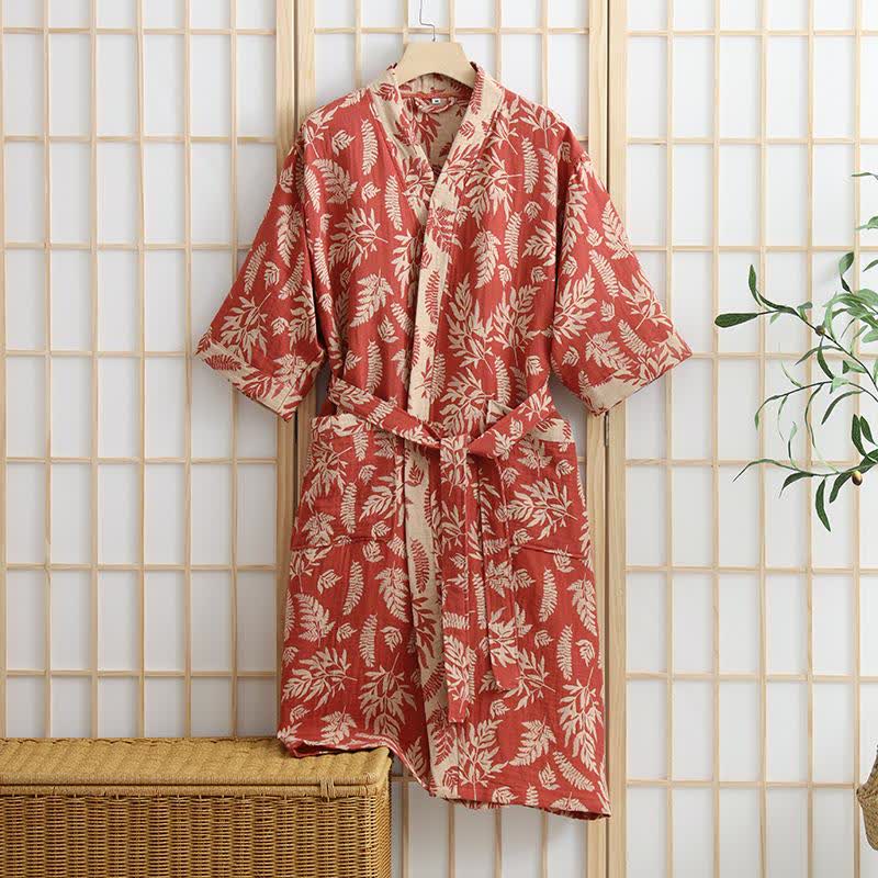 Leaf Cotton Gauze Kimono Yukata Robe - Orange Red - XL - image 0