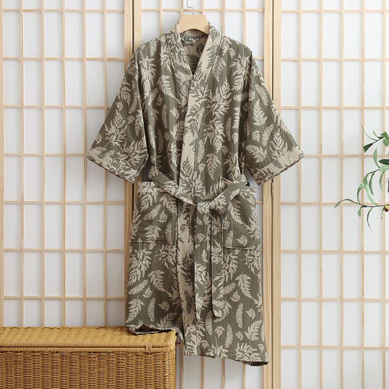 Leaf Cotton Gauze Kimono Yukata Robe - Green - XL - image 7