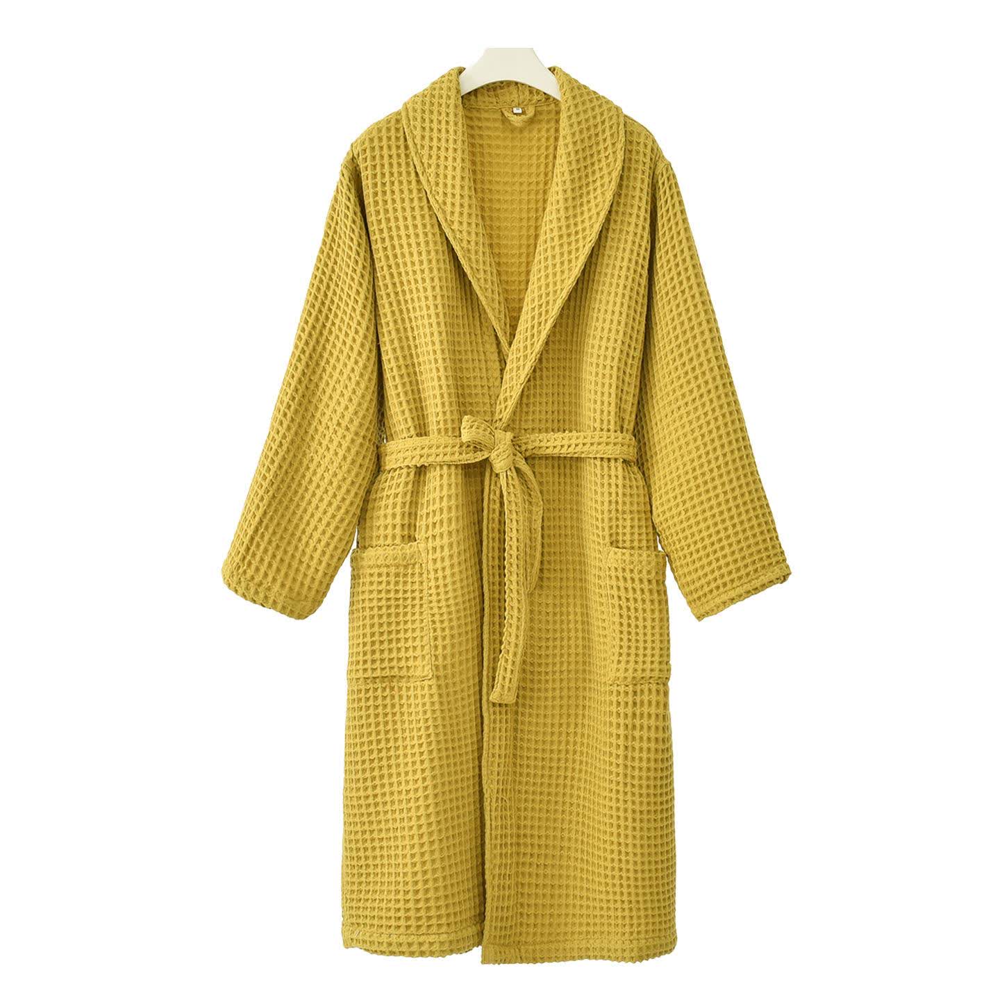 Solid Color Waffle Pure Cotton Bathrobe - Yellow - XXL - image 3
