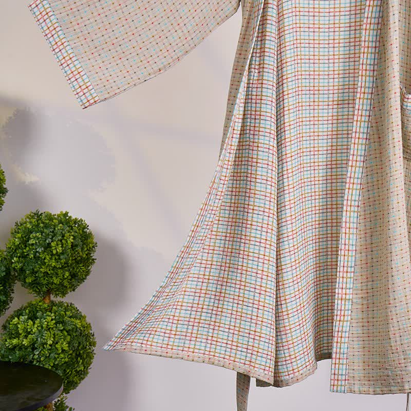 Colorful Gingham Cotton Gauze Kimono Robe - image 2