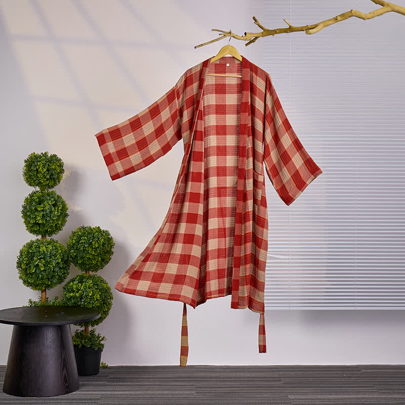 Classic Plaid Cotton Gauze Kimono Robe - Red - XXL - image 0