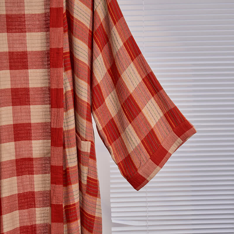 Classic Plaid Cotton Gauze Kimono Robe - image 3