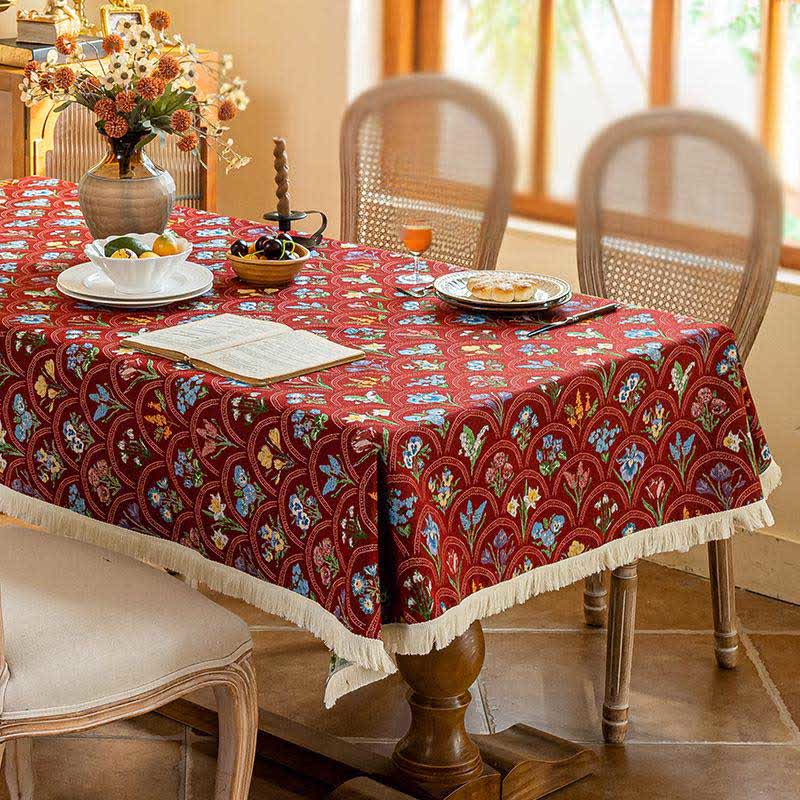Vintage Blooming Bouquet Tassel Tablecloth - Red - 55" x 102" - image 3