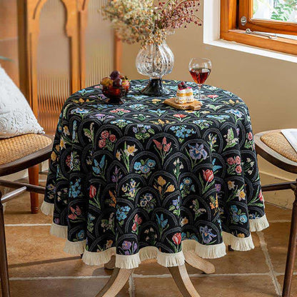 Vintage Blooming Bouquet Tassel Tablecloth - Black - Round 55" - image 1
