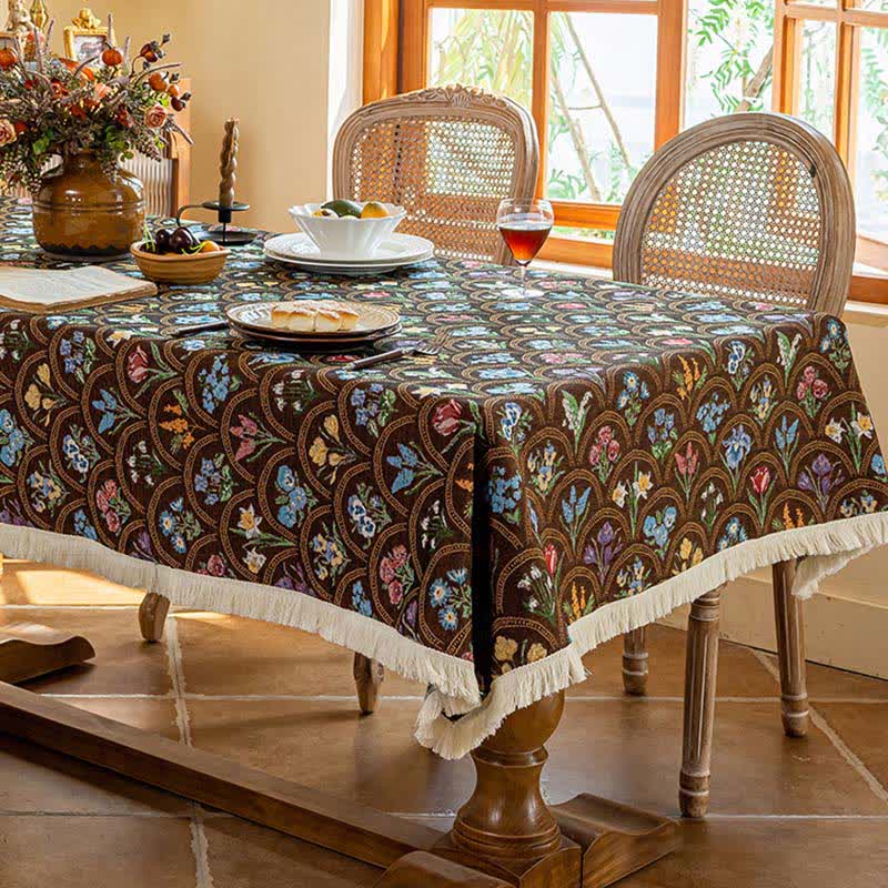 Vintage Blooming Bouquet Tassel Tablecloth - Brown - 55" x 102" - image 6